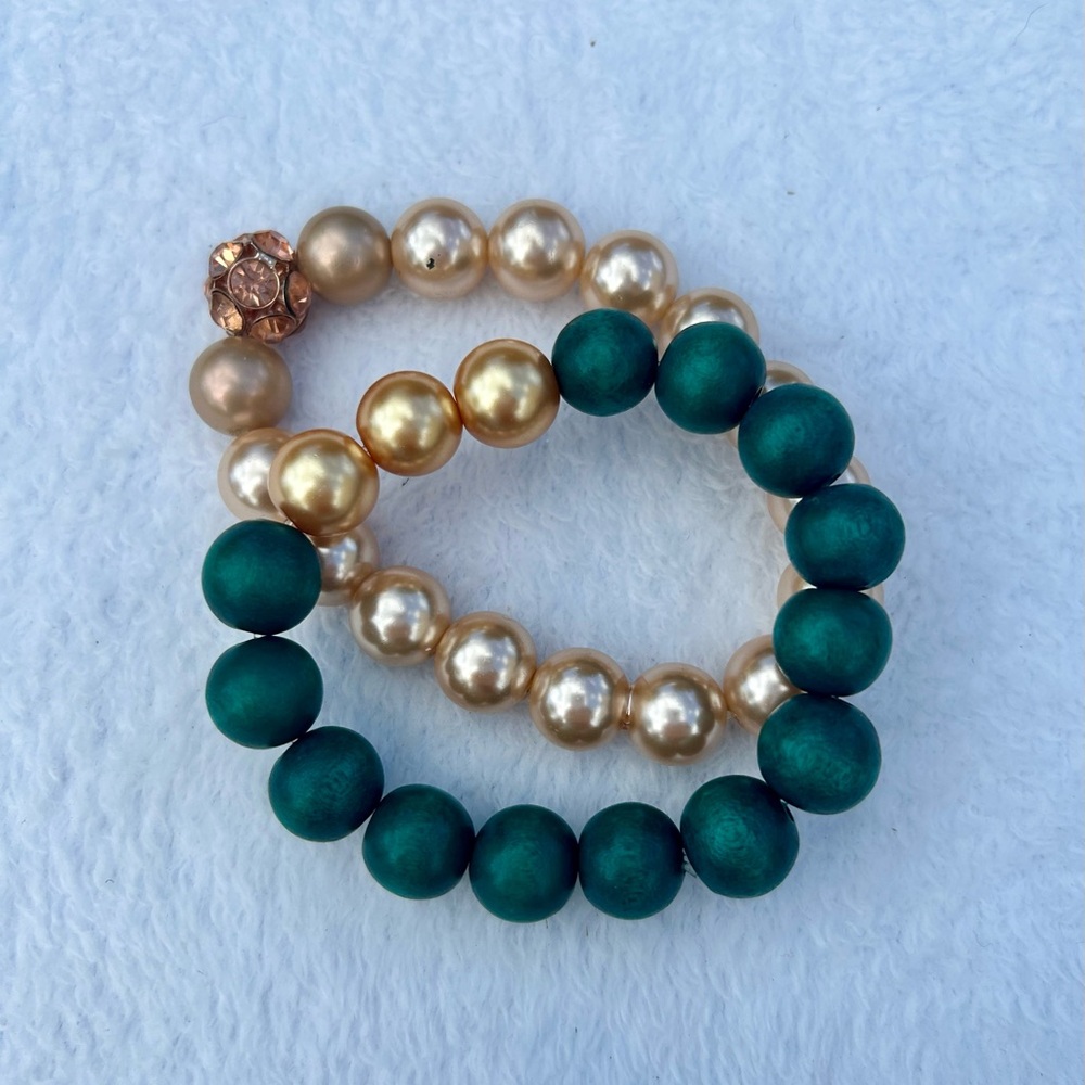 Stackable Stretch Bracelets Teal Rose Gold Beads Acrylic Wood Rhinestone Charm
